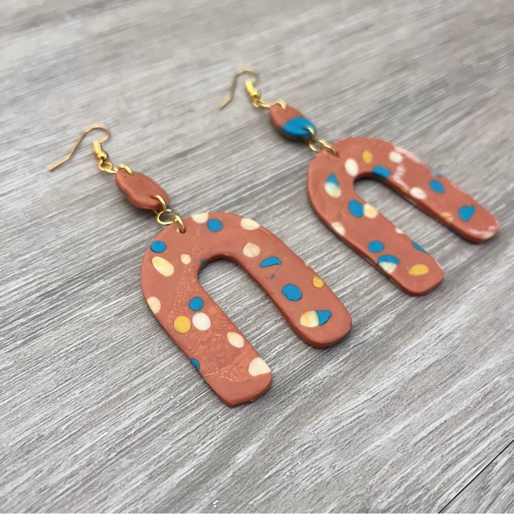 Horseshoe Double Drop Earrings in Desert Tones made of Polymer - Handmade, New